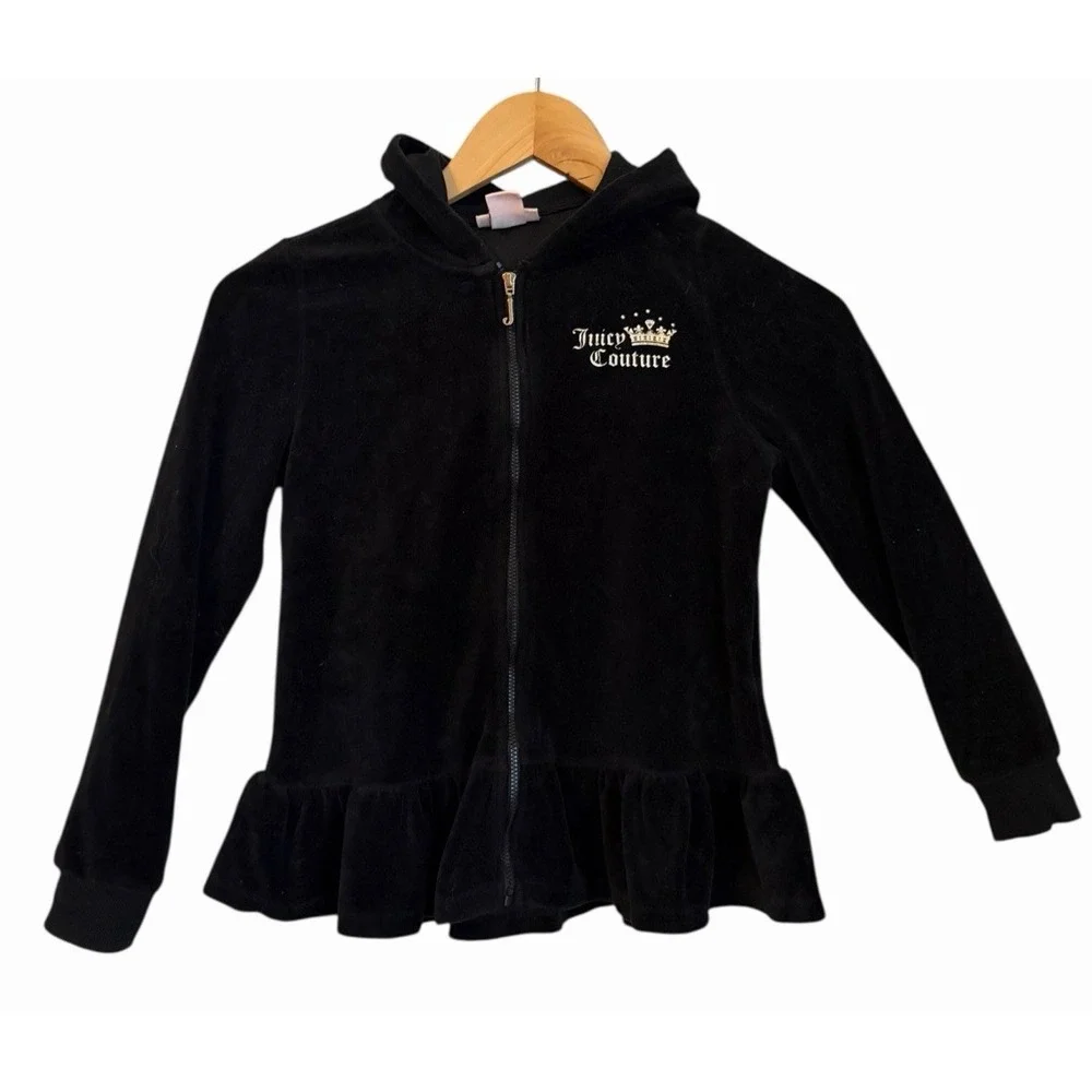 Juicy Couture Y2K Track Jacket  Girls 8/10  Black Velour Hoodie Studded Bling 90